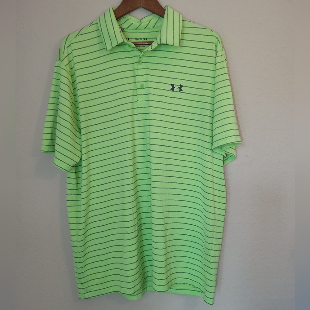 Under Armour‎ Playoff Polo Mens XL Lime Green Grey Stripe Pickleball (FLAW)